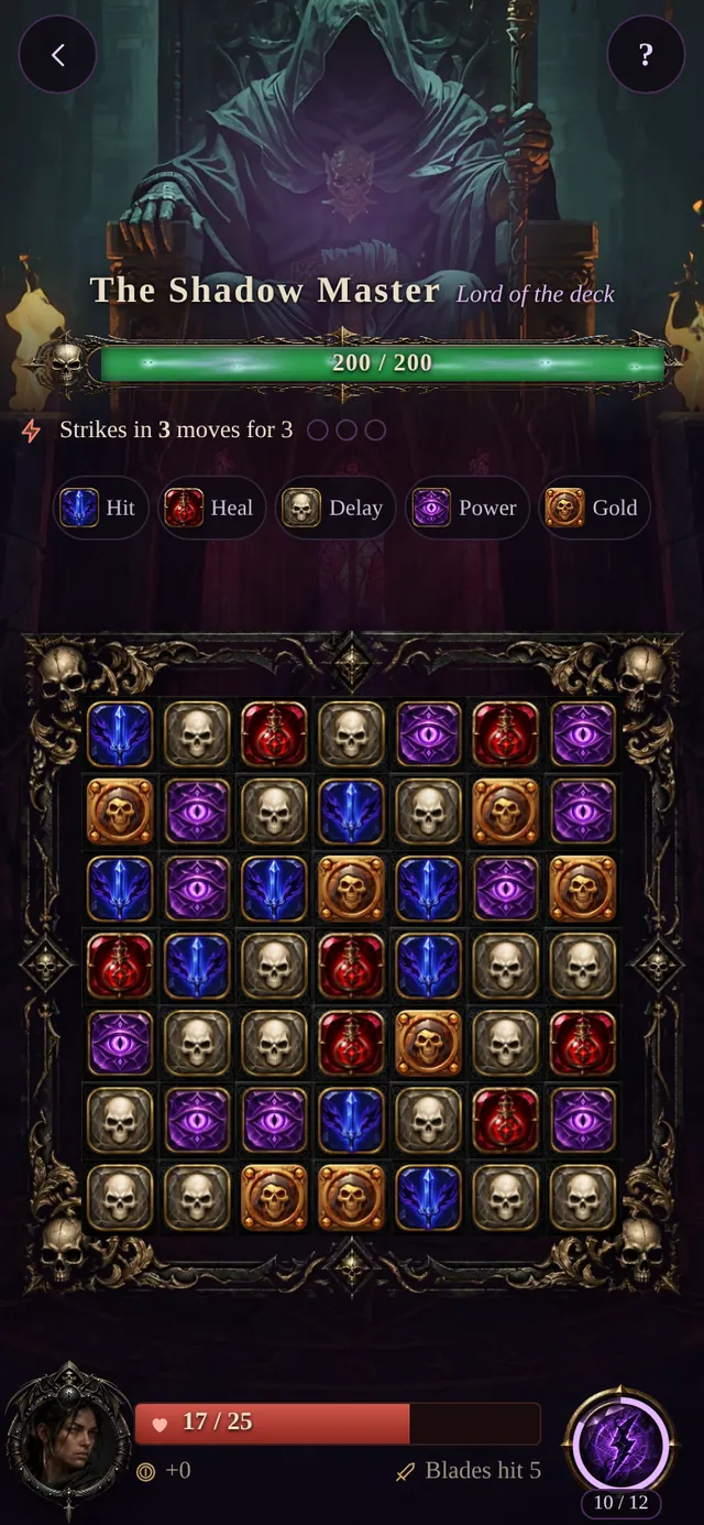 The Shadow Master above a match-3 board of blades, vials, skulls, eyes and coins