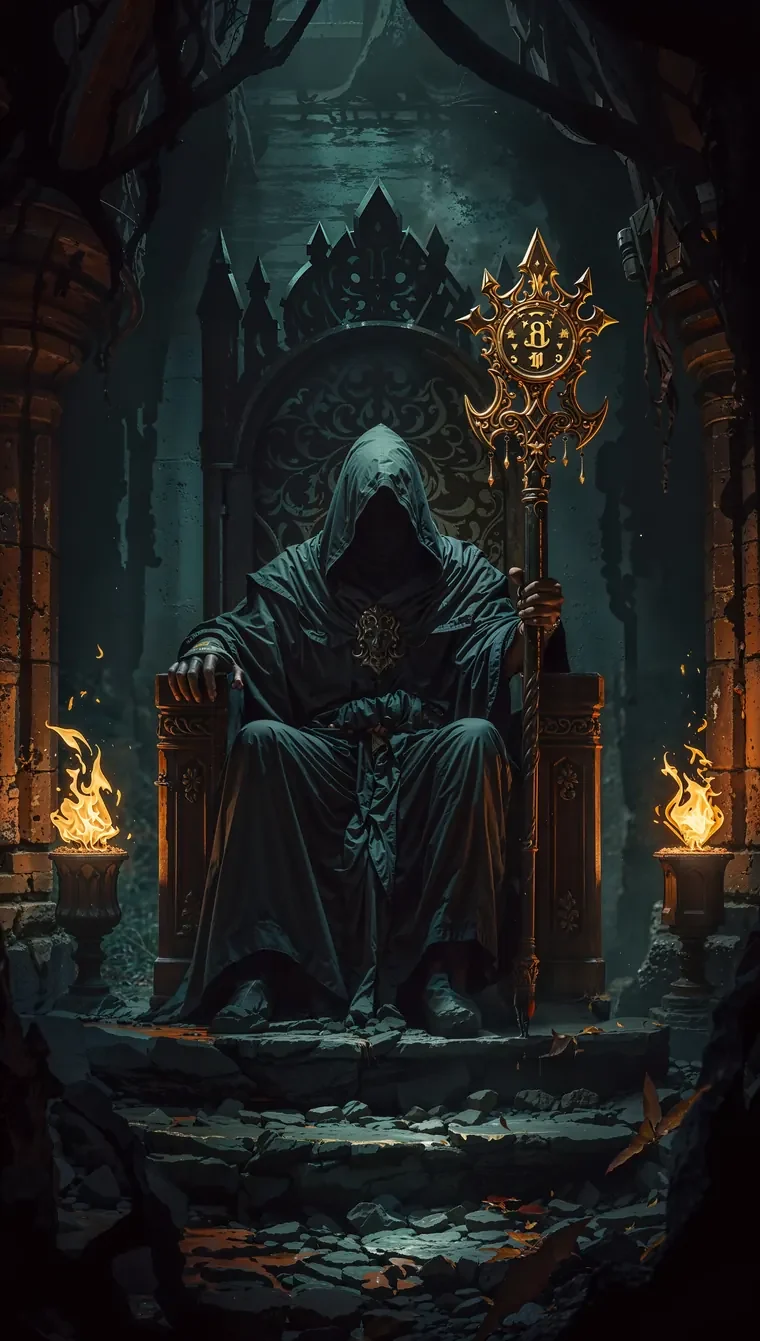 The Shadow Master, hooded, on his throne between two braziers